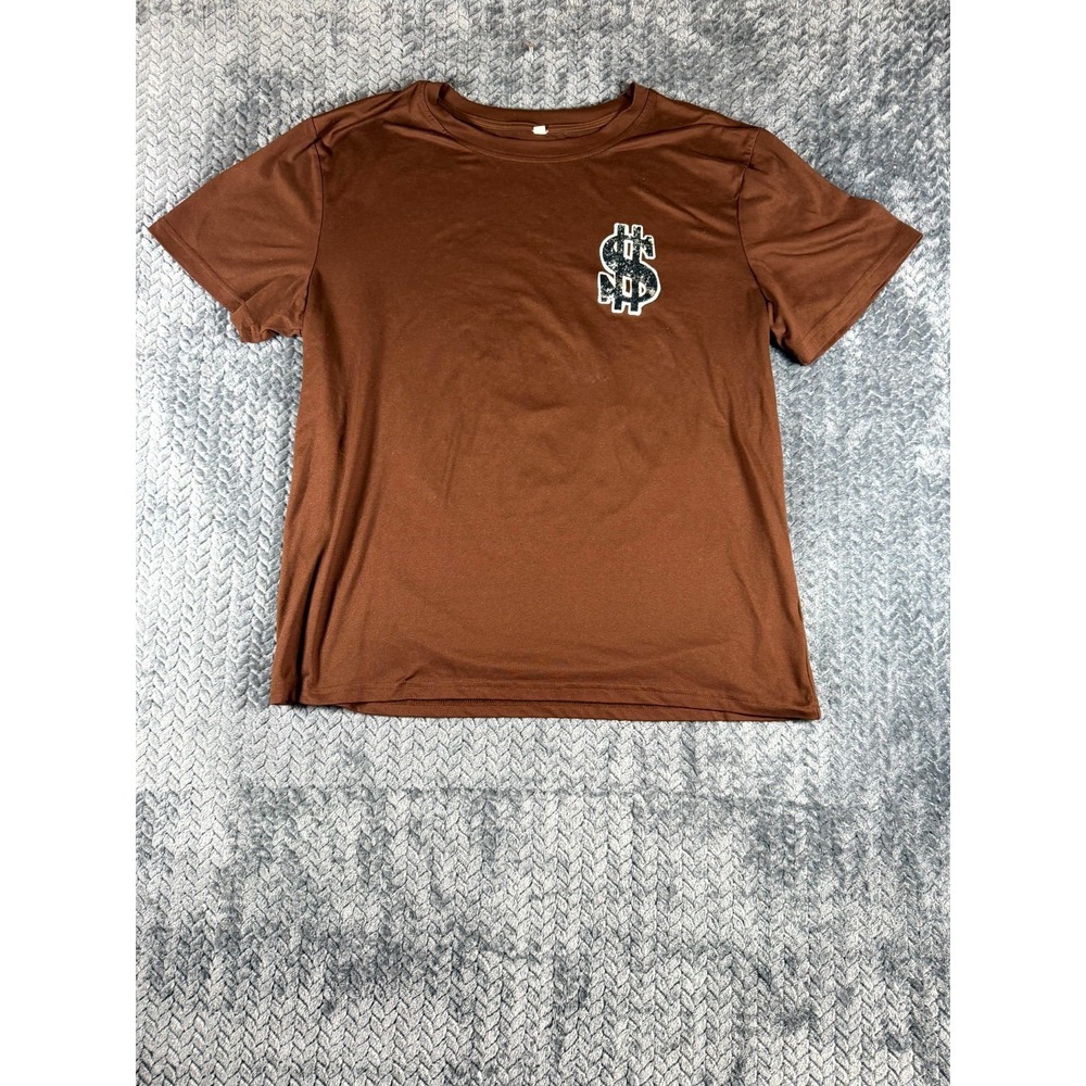 Mens T Shirt Large Dark Brown‎ Graphic Dollar Sign Inherited Burning Globe Fire